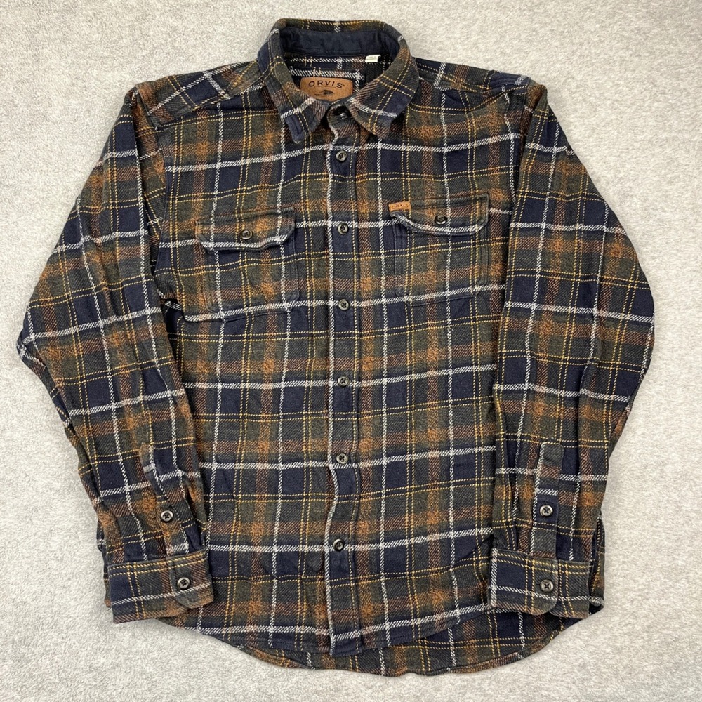 Orvis Button Down Shirt Mens Large Brown Plaid Classic Flannel Outdoor
